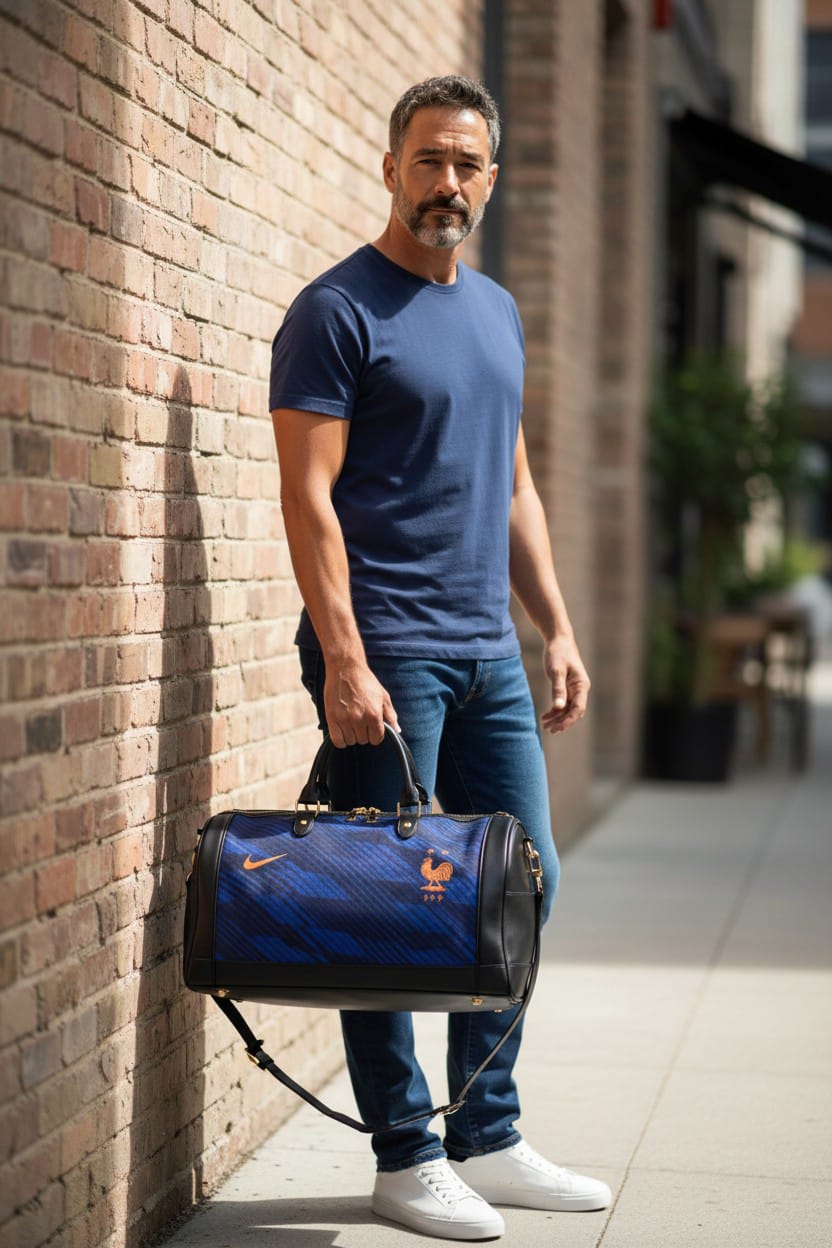 Sac Maillot France 26 Domicile, sac de sport avec logo de l'équipe nationale de football France, bleu avec détails rouges et blancs.