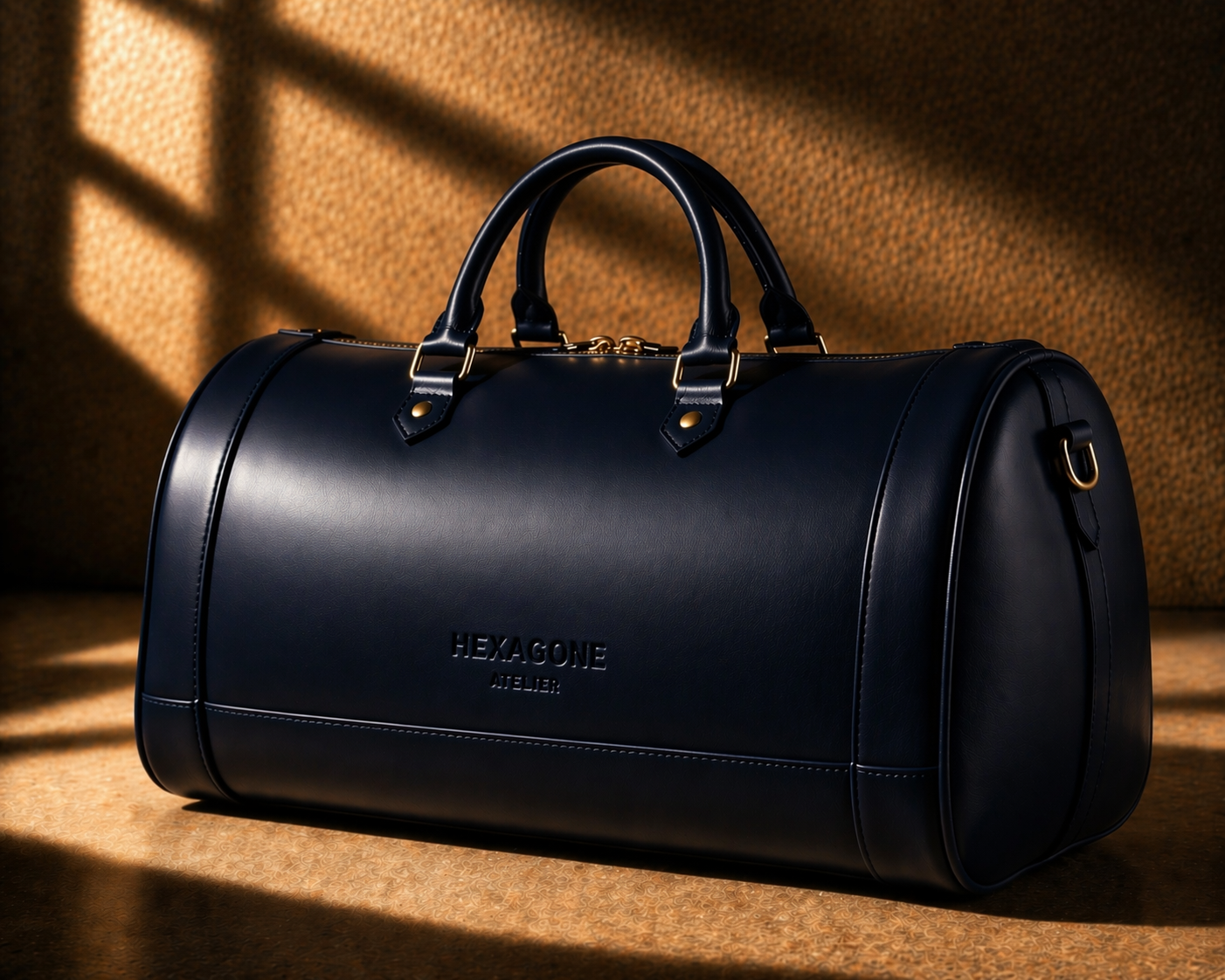 Sac de voyage en cuir lisse bleu nuit de Hexagone Atelier, face principale du sac avec poignée et fermeture.