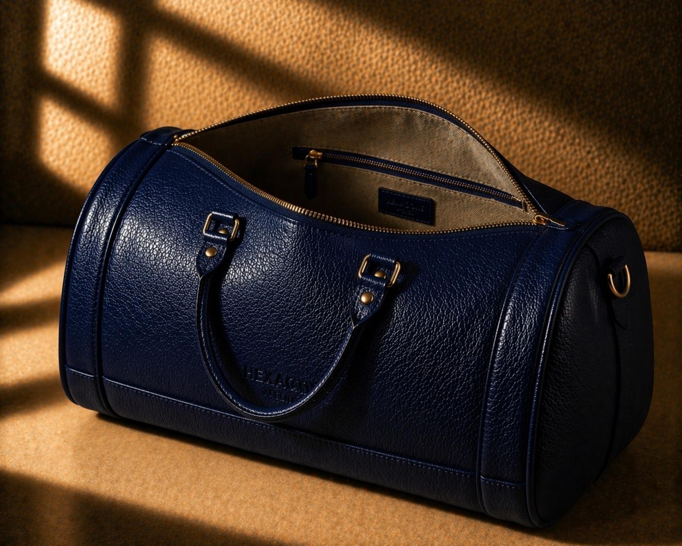 Sac de voyage en cuir grainé bleu nuit de Hexagone Atelier, ouvert pour montrer l'intérieur spacieux et élégant.