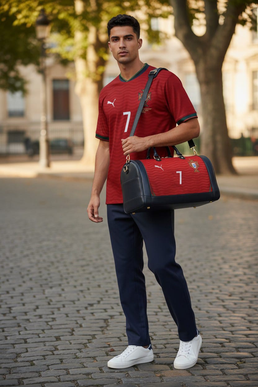 Sac Le Sac Maillot Portugal 26 en toile, avec poignées en cuir et logo brodé, pour un style élégant et pratique.
