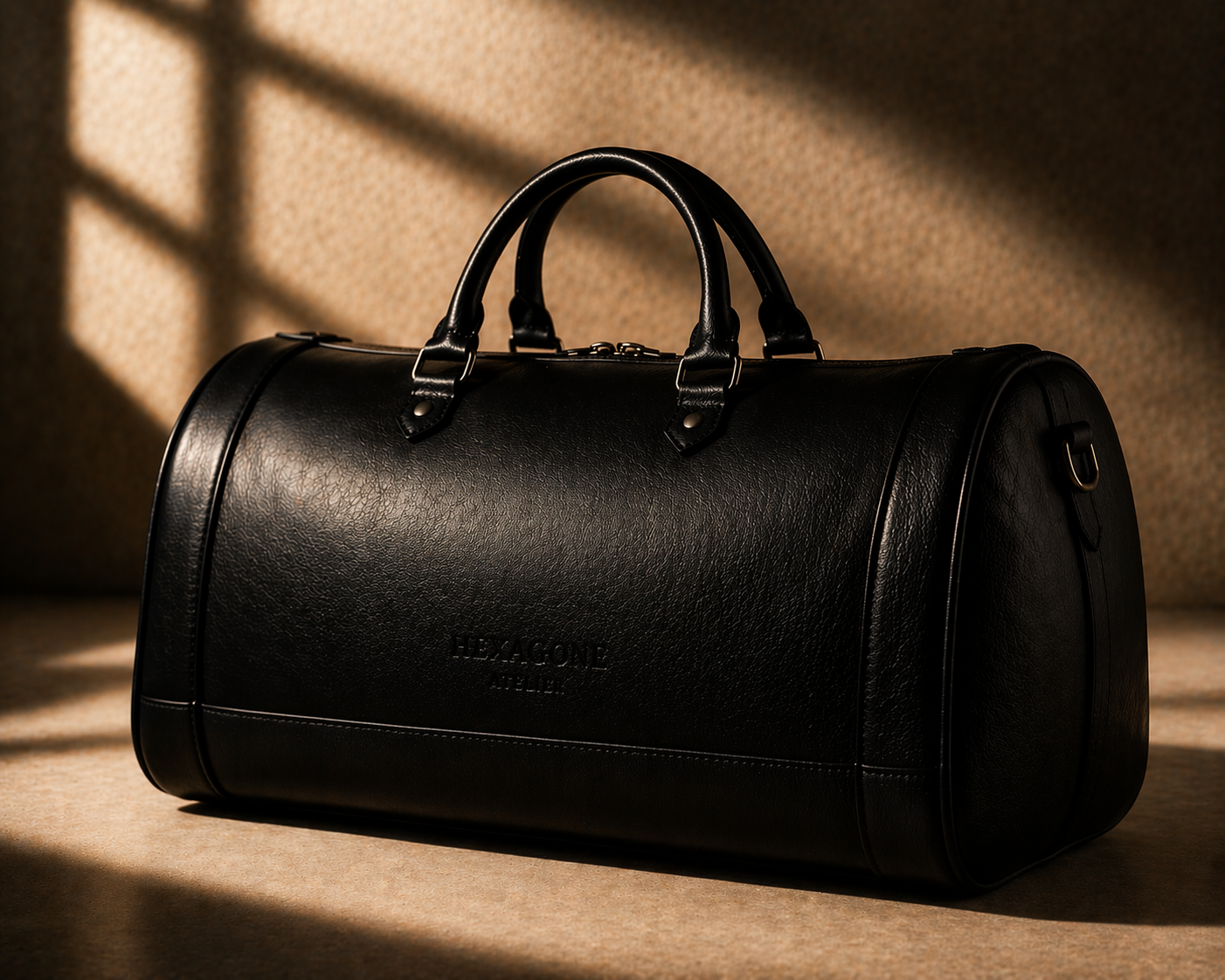 Sac de voyage en cuir grainé noir H•01 de Hexagone Atelier, avec poignées robustes et design élégant.