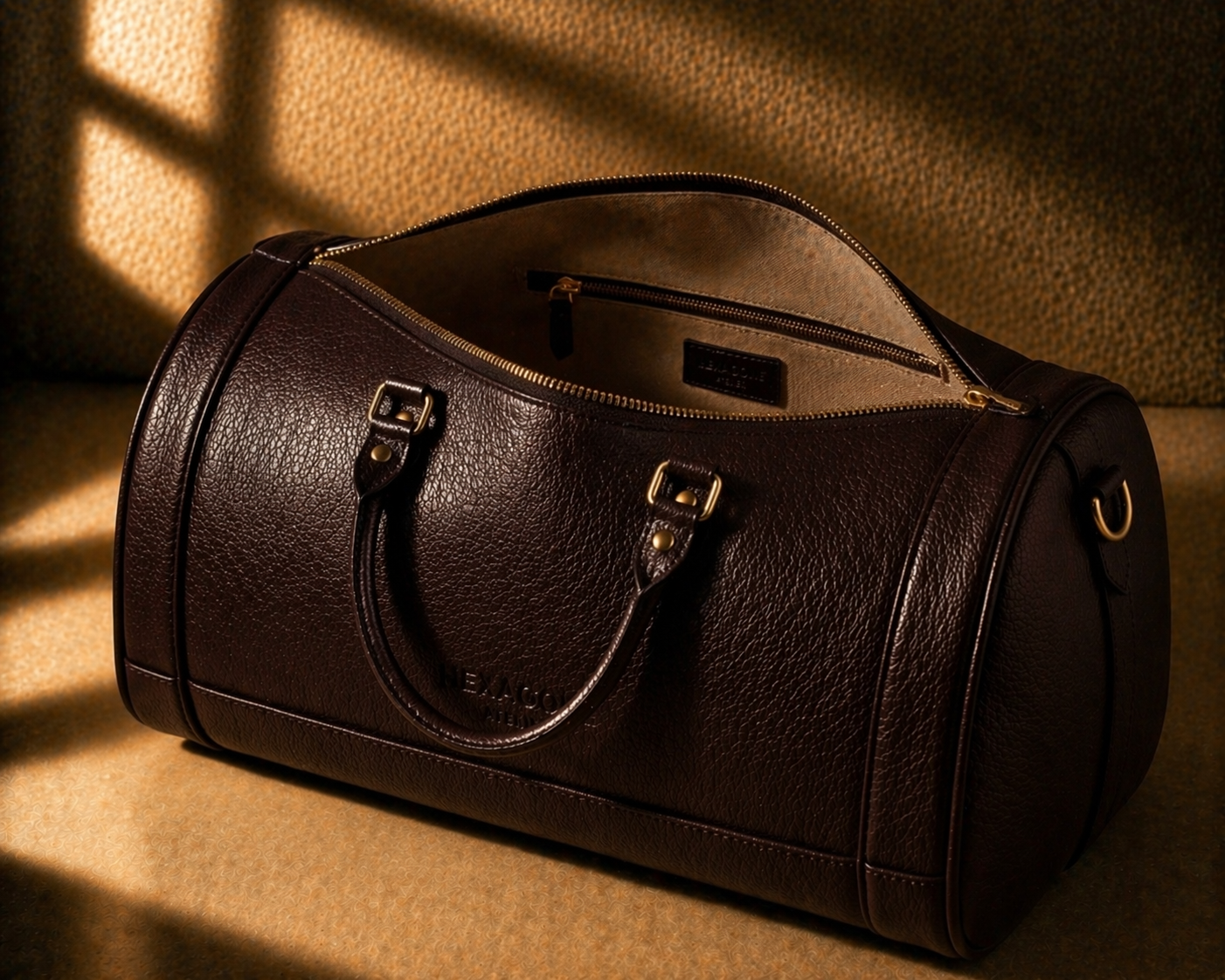 Sac de voyage en cuir grainé noir Hexagone Atelier, ouvert, montrant l'intérieur marron et la texture du cuir.