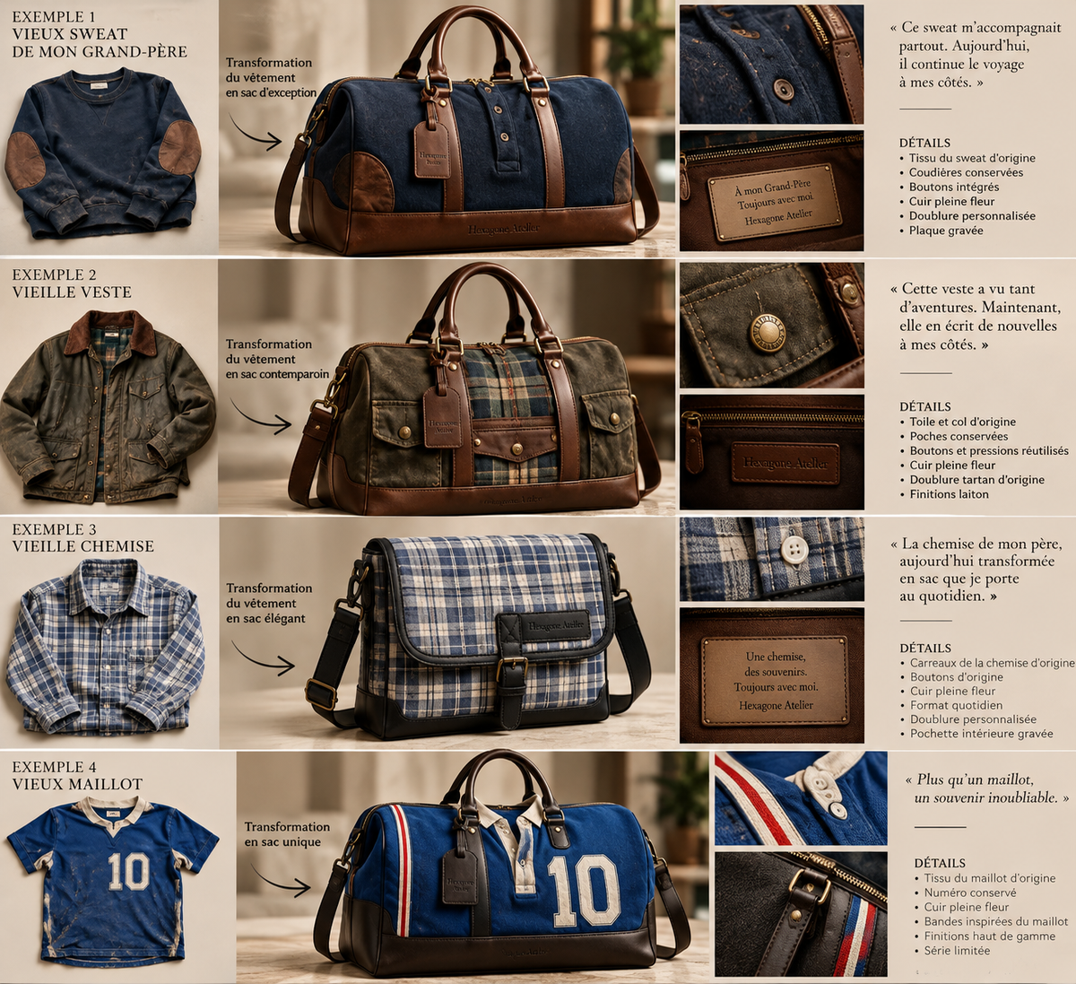Portfolio de sacs personnalisés en vêtements recyclés par Hexagone Atelier, mettant en valeur des créations uniques et durables.