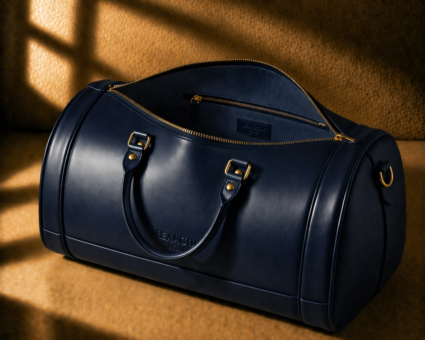 Sac de voyage en cuir lisse Bleu nuit de Hexagone Atelier, ouvert pour montrer l’intérieur spacieux et élégant.