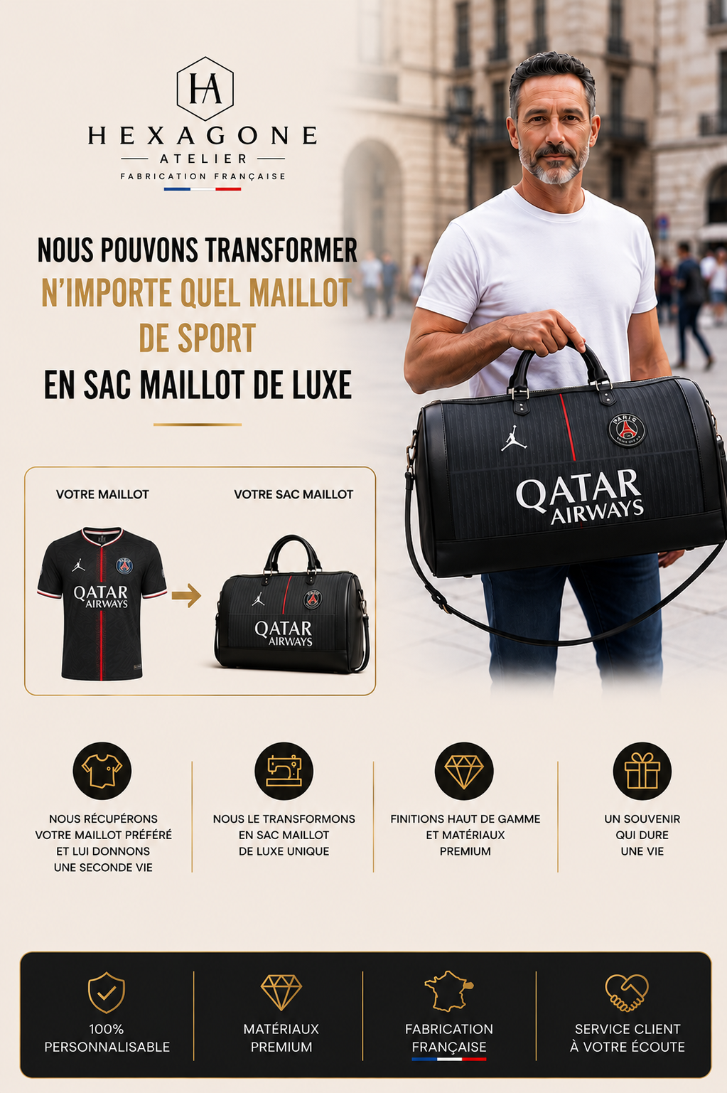 Sac de voyage Hexagone Atelier avec compartiments ajustables, prêt à contenir votre maillot pour vos déplacements.