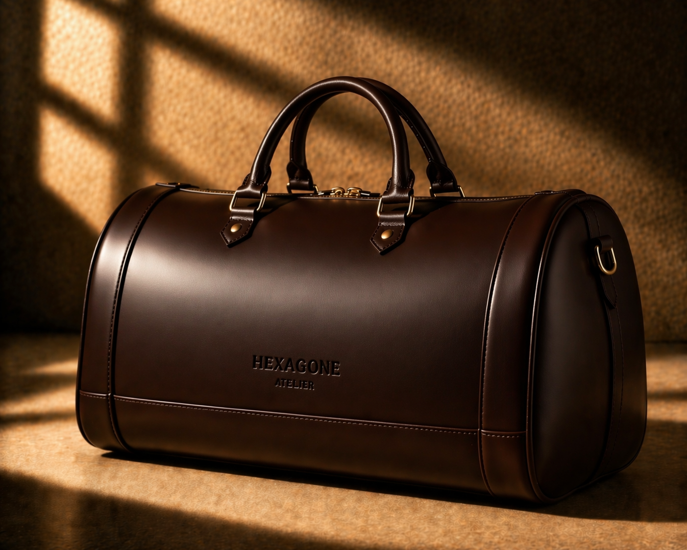 Sac de voyage en cuir marron lisse de Hexagone Atelier, vue de face, avec poignées et finition élégante.
