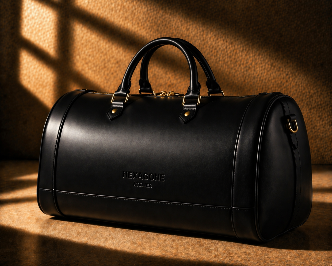Sac de voyage en cuir lisse noir Hexagone Atelier, face avant avec poignées et fermeture sécurisée.